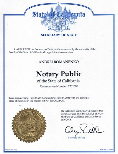Russian notary public in San Francisco, California